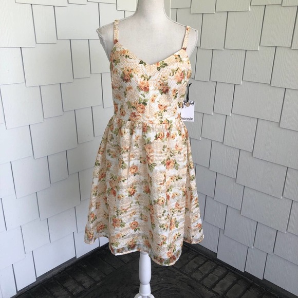 KENSIE Women's Ivory/Yellow Floral Print Sleeveless Fit & Flare Mini Dress - Picture 3 of 6